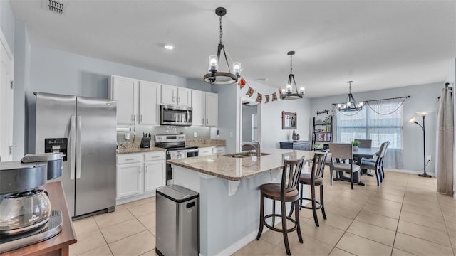 kitchen featuring visible vents, white cabinets, appliances with stainless steel finishes, a sink, and light tile patterned flooring