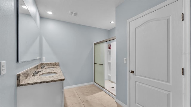 full bathroom with tile patterned flooring, vanity, visible vents, baseboards, and a shower stall