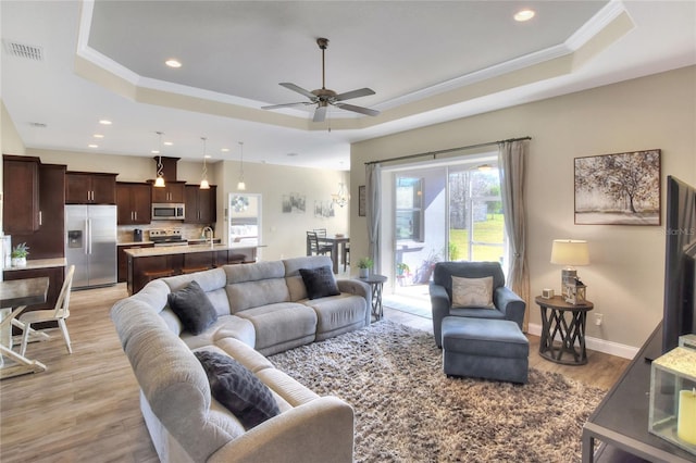 living room featuring sink, ornamental molding, a tray ceiling, and light hardwood / wood-style floors