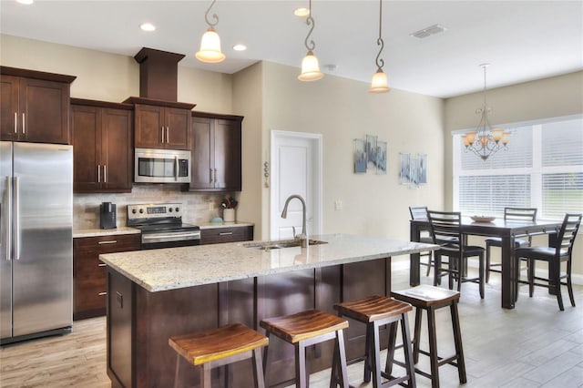 kitchen with a kitchen island with sink, sink, decorative light fixtures, and stainless steel appliances