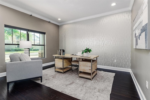 office space with crown molding and dark wood-type flooring