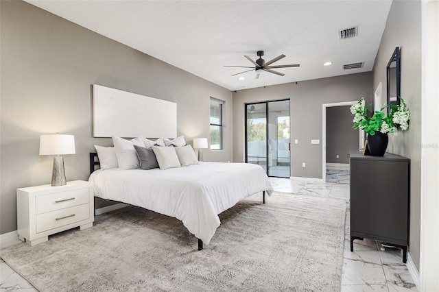 bedroom with ceiling fan and access to exterior