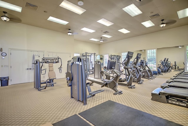 workout area featuring a high ceiling, carpet, and a drop ceiling