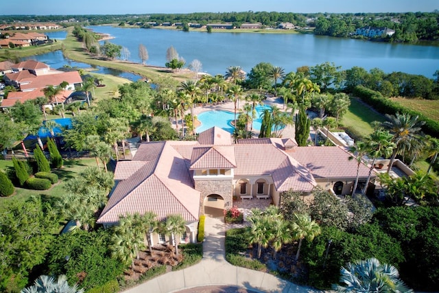 drone / aerial view with a water view