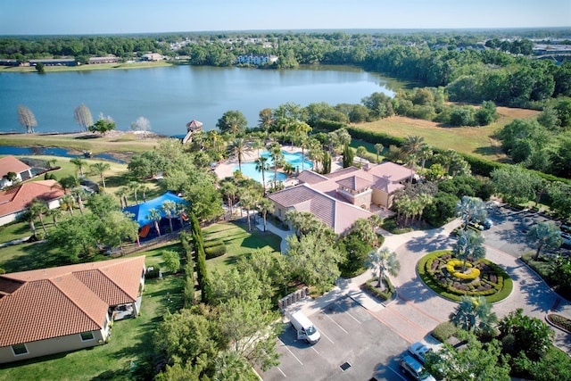 aerial view featuring a water view