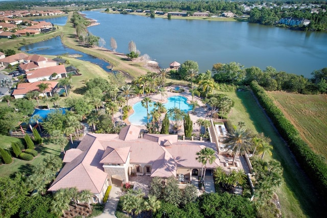 drone / aerial view featuring a water view