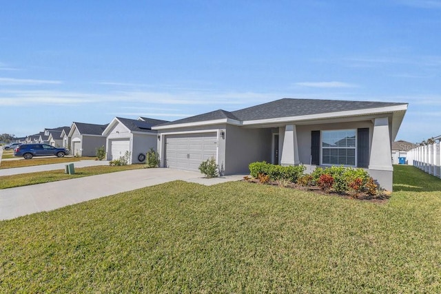 ranch-style home with a front lawn, concrete driveway, an attached garage, and stucco siding