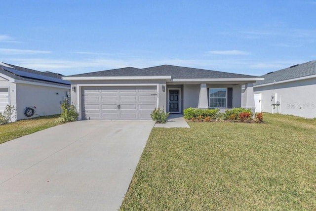 ranch-style house featuring a front yard, driveway, an attached garage, a shingled roof, and stucco siding