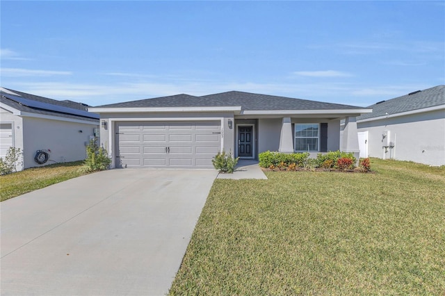 ranch-style house featuring stucco siding, driveway, roof with shingles, an attached garage, and a front yard