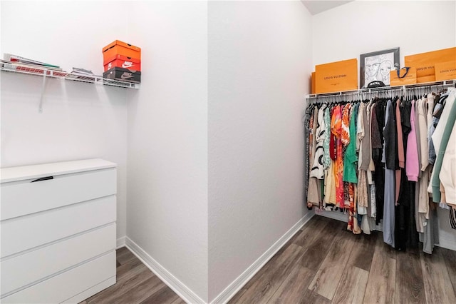 walk in closet with dark hardwood / wood-style flooring