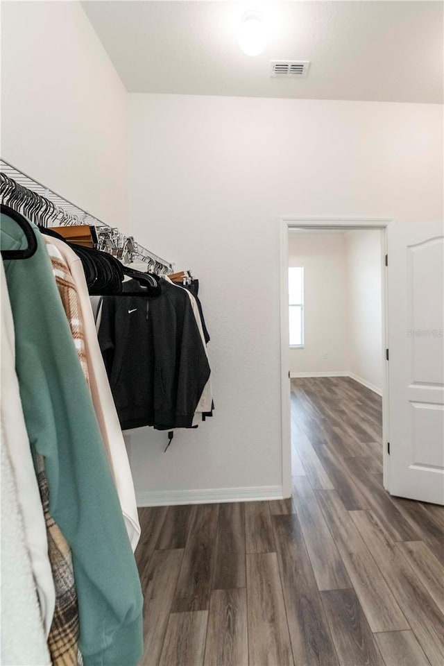 walk in closet with dark hardwood / wood-style floors