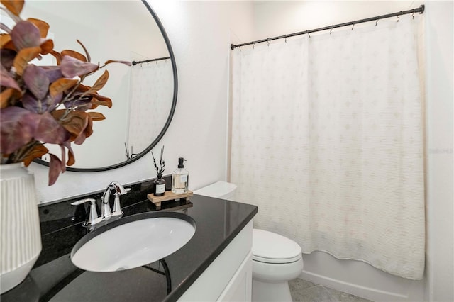 full bathroom with vanity, shower / tub combo with curtain, tile patterned floors, and toilet