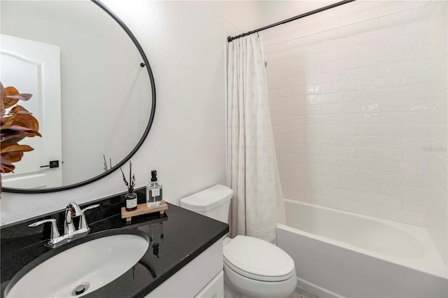 full bathroom with shower / bathtub combination with curtain, vanity, and toilet