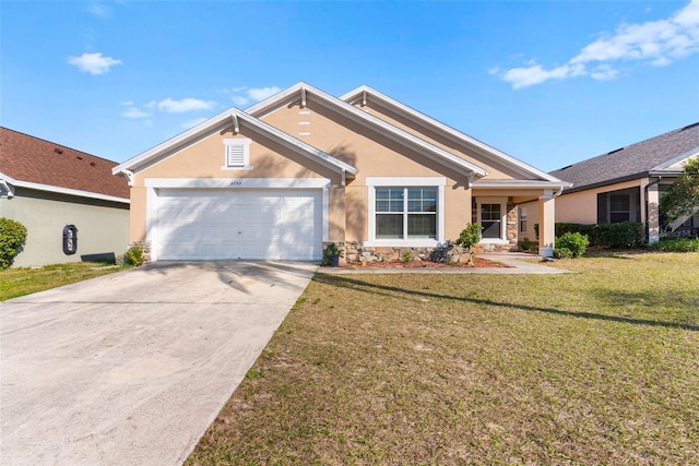 ranch-style house featuring a garage and a front yard