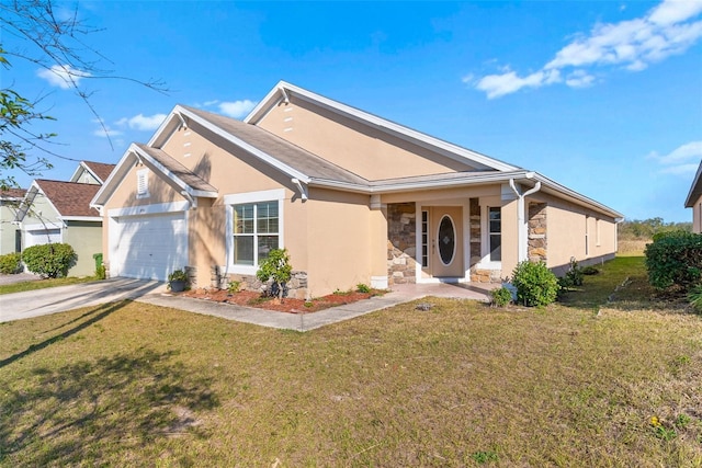 ranch-style home featuring a garage and a front lawn