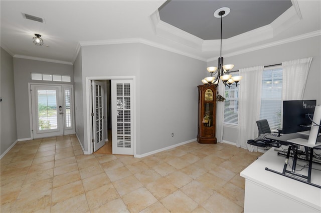 unfurnished office with a raised ceiling, crown molding, light tile patterned floors, and a chandelier