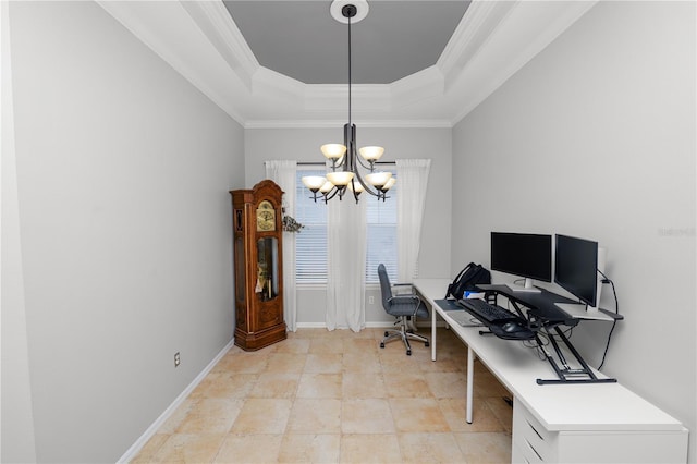 office featuring ornamental molding, a notable chandelier, and a tray ceiling