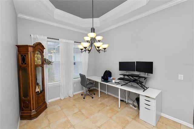 office area featuring crown molding, a notable chandelier, and a tray ceiling