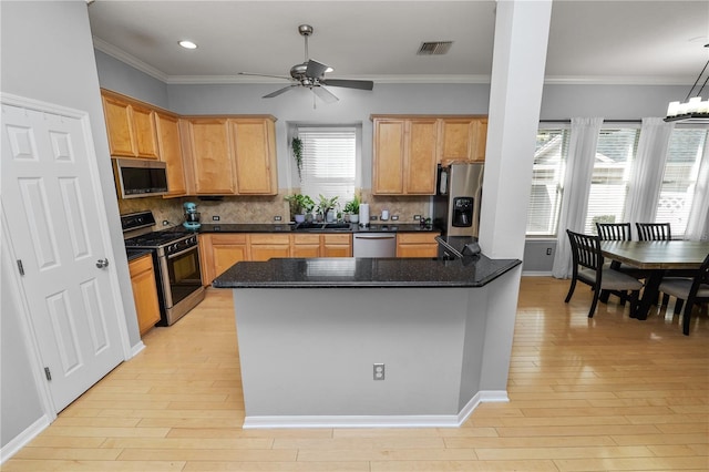 kitchen featuring appliances with stainless steel finishes, kitchen peninsula, decorative backsplash, and light wood-type flooring