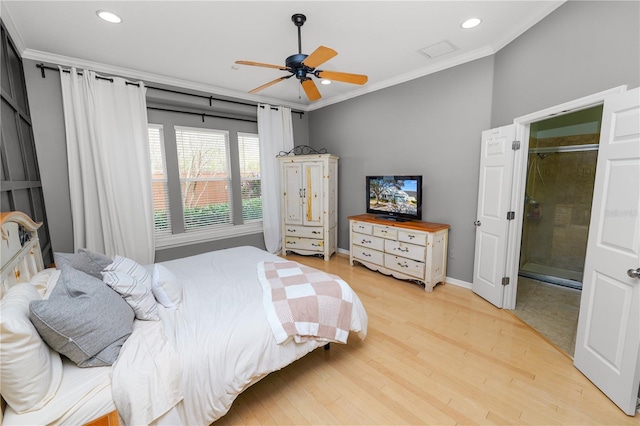 bedroom with ceiling fan, ornamental molding, and light hardwood / wood-style flooring