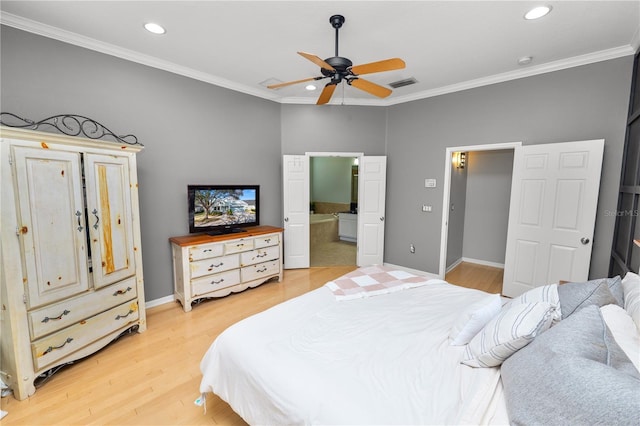 bedroom featuring crown molding, ceiling fan, connected bathroom, and light hardwood / wood-style floors