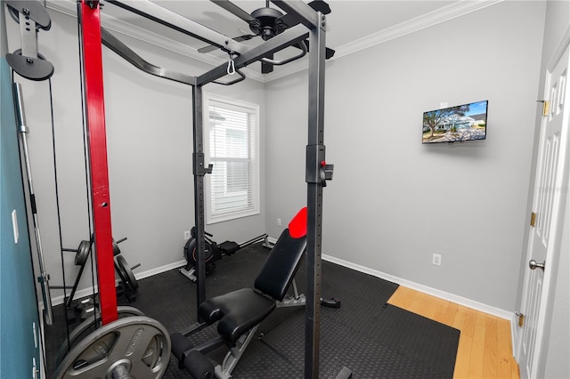 exercise area with crown molding and wood-type flooring