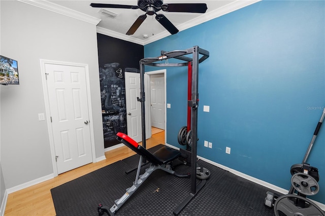 workout area featuring hardwood / wood-style floors, crown molding, and ceiling fan