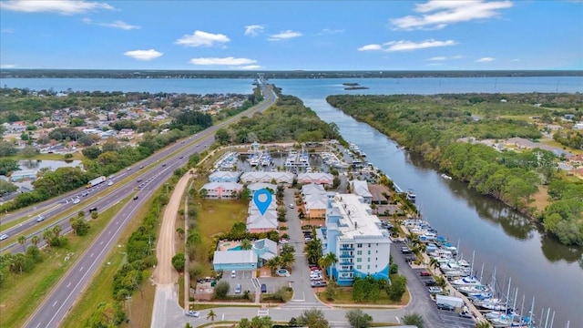 aerial view featuring a water view