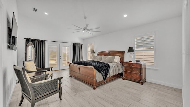 bedroom with ceiling fan, access to exterior, light hardwood / wood-style floors, and french doors