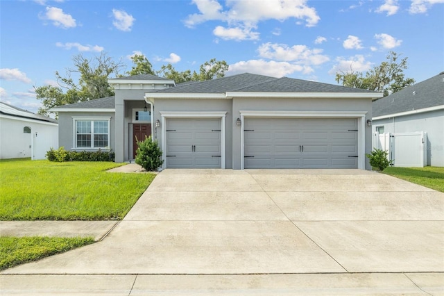 view of front of property with a garage and a front lawn