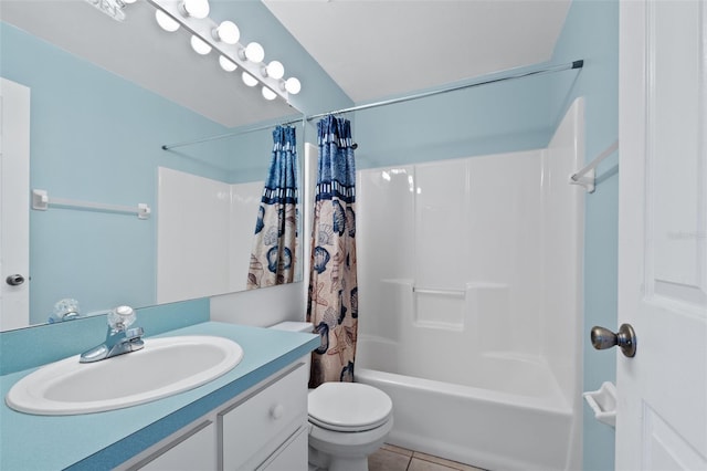 full bathroom featuring tile patterned flooring, vanity, shower / bathtub combination with curtain, and toilet