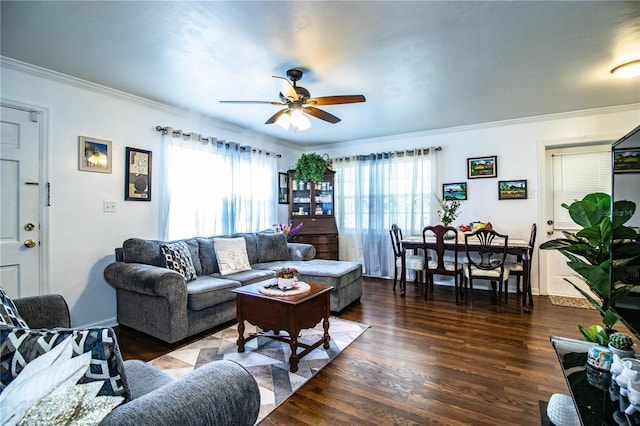 living room with crown molding, dark wood-type flooring, and a healthy amount of sunlight