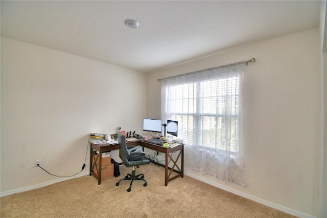 office area featuring light carpet