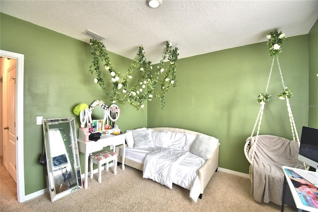 living area with carpet and a textured ceiling