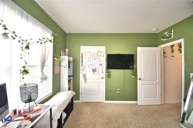 bedroom featuring light carpet and a textured ceiling