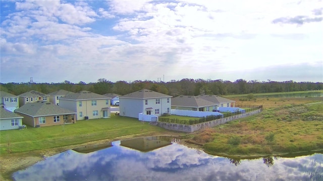 bird's eye view with a water view