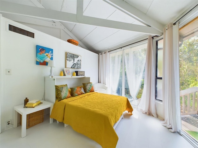 bedroom featuring vaulted ceiling with beams and access to exterior