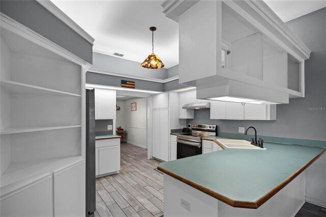 kitchen with appliances with stainless steel finishes, sink, white cabinets, hanging light fixtures, and kitchen peninsula