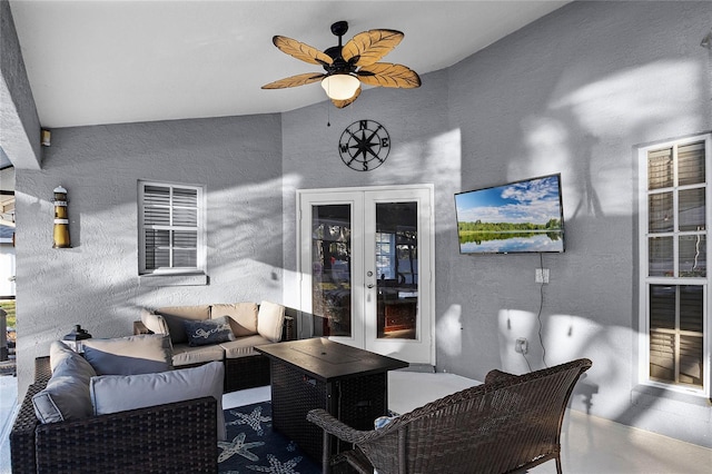 view of patio with outdoor lounge area, ceiling fan, and french doors