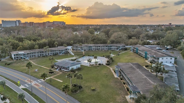 view of aerial view at dusk