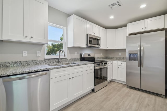 kitchen featuring light stone counters, sink, white cabinets, and appliances with stainless steel finishes