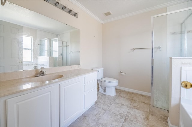 full bathroom with tile patterned flooring, vanity, ornamental molding, plus walk in shower, and toilet