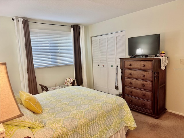 carpeted bedroom featuring a closet