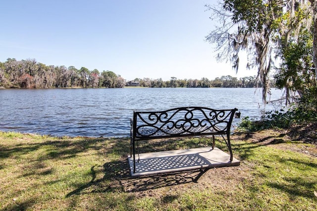 dock area with a lawn and a water view