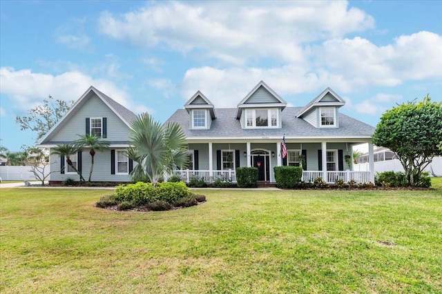 new england style home with a front yard and a porch