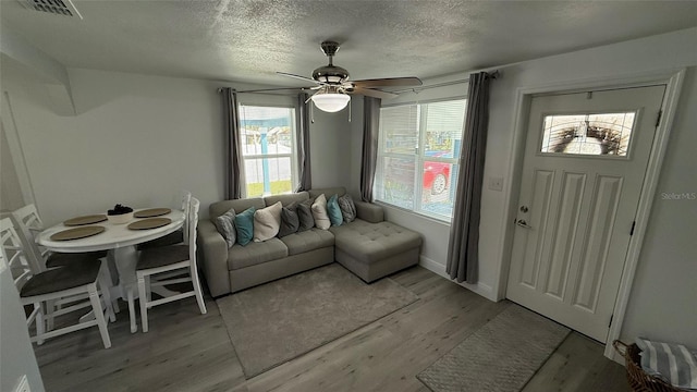 living room with a textured ceiling, light hardwood / wood-style flooring, and a healthy amount of sunlight