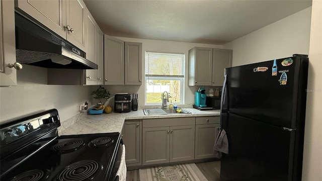 kitchen featuring gray cabinetry, light wood-type flooring, sink, and black appliances