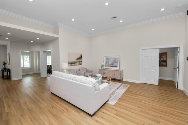 living room featuring ornamental molding and light hardwood / wood-style floors