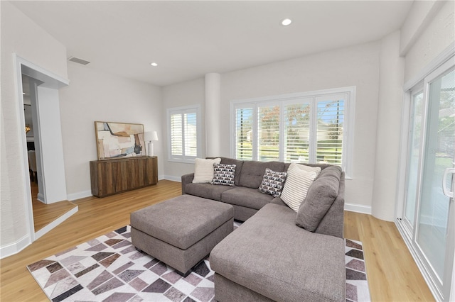 living room with a healthy amount of sunlight and hardwood / wood-style floors