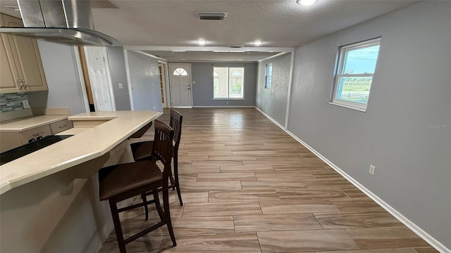 kitchen with a textured ceiling, a kitchen breakfast bar, island exhaust hood, cream cabinets, and decorative backsplash